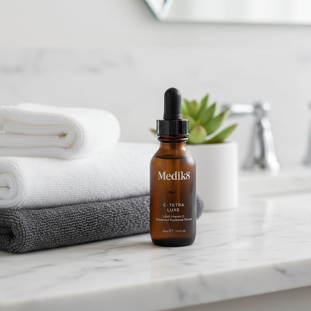 Medik8 C-Tetra Luxe 30ml flesje in de badkamer