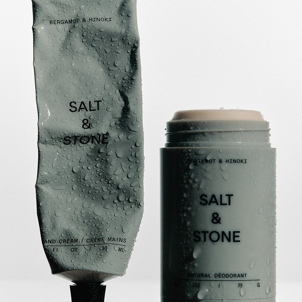 Salt & Stone Deodorant Gel Bergamot & Hinoki Sensitive 75gr met body lotion